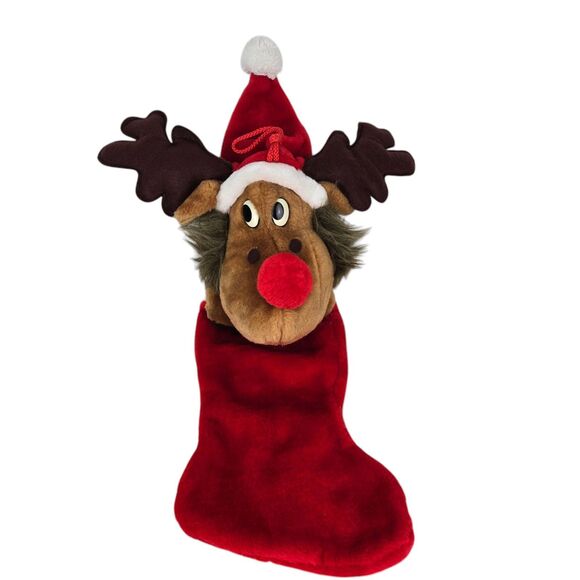 VTG Smithy 3D Plush Red Nose Reindeer Moose 27" Christmas Stocking Santa Hat - Picture 2 of 14